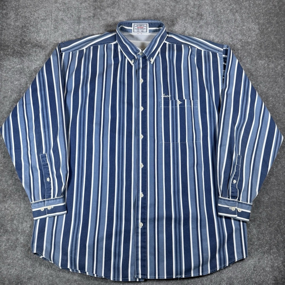 Vintage Guess Shirt Men's XL Blue Striped Twill Long Sleeve Button Up USA Made